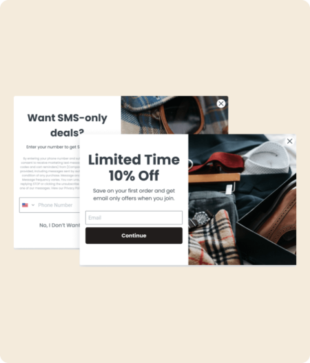 Un modulo d'iscrizione a due passaggi che promuove uno sconto del 10% a tempo limitato: il primo passaggio è l'iscrizione via e-mail, il secondo è l'iscrizione agli SMS.