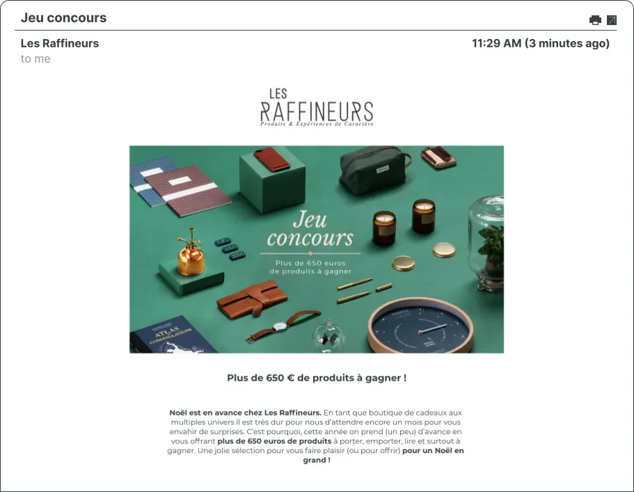 Screenshot di una campagna e-mail di Les Raffineurs